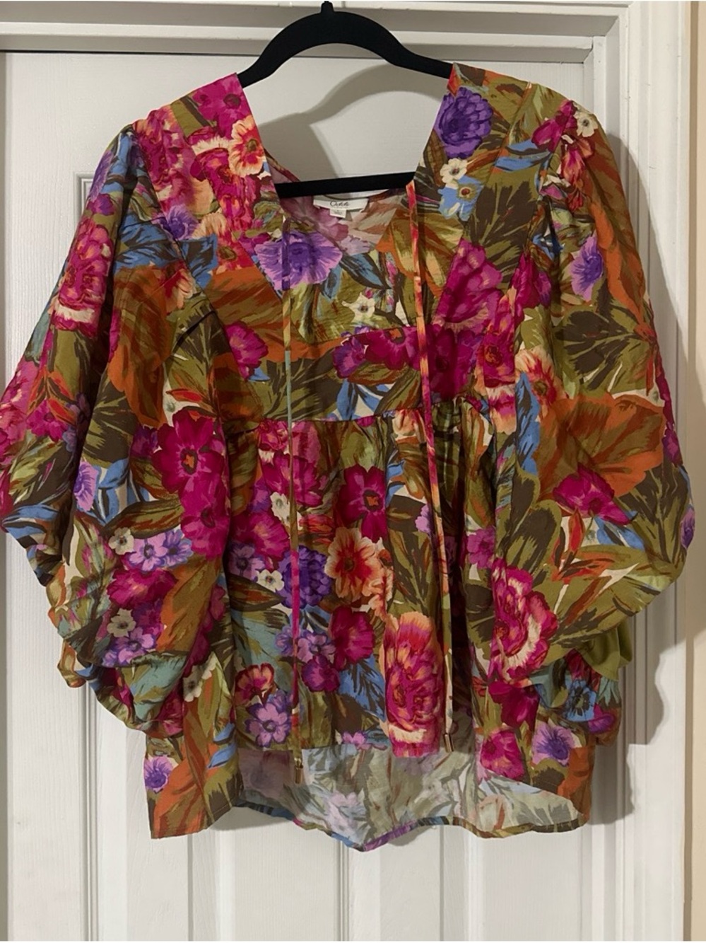Women's Floral Peasant Blouse in Olive & Fuchsia - Breezy V-Neck Top